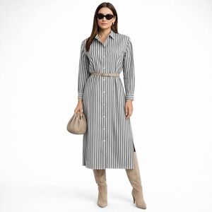 Ann Taylor Loft  Black & White Striped 100% Cotton Preppy Shirt Midi Dress S